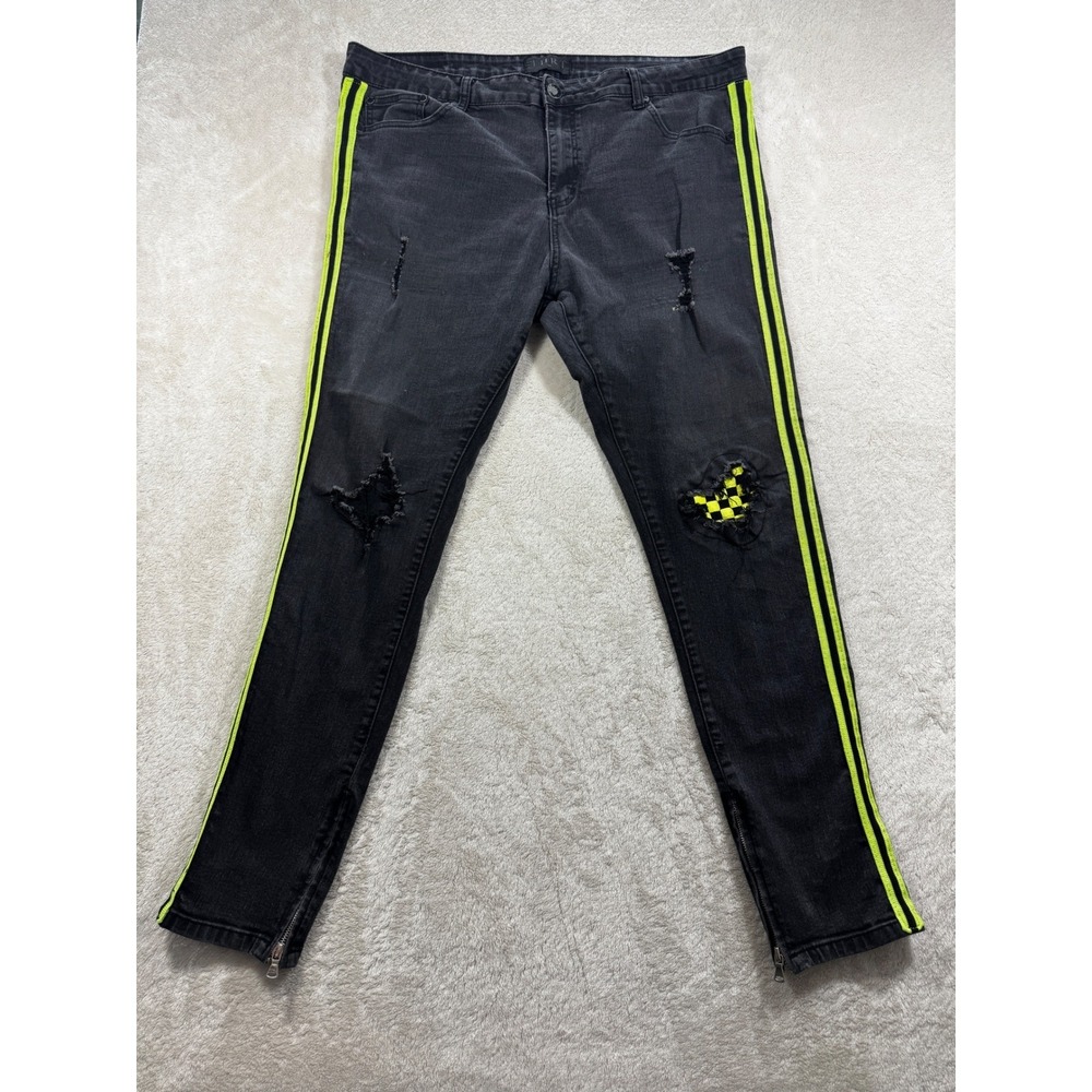 THRT Mens Distressed‎ Side Stripe Black Denim Jeans 40 Meas: 40x31.5